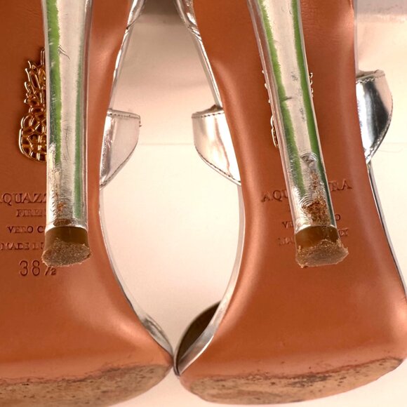 AQUAZZURA Linda 105 Silver Leather Ankle Tie High-Heel Sandals - Size 38.5 - Picture 9 of 12